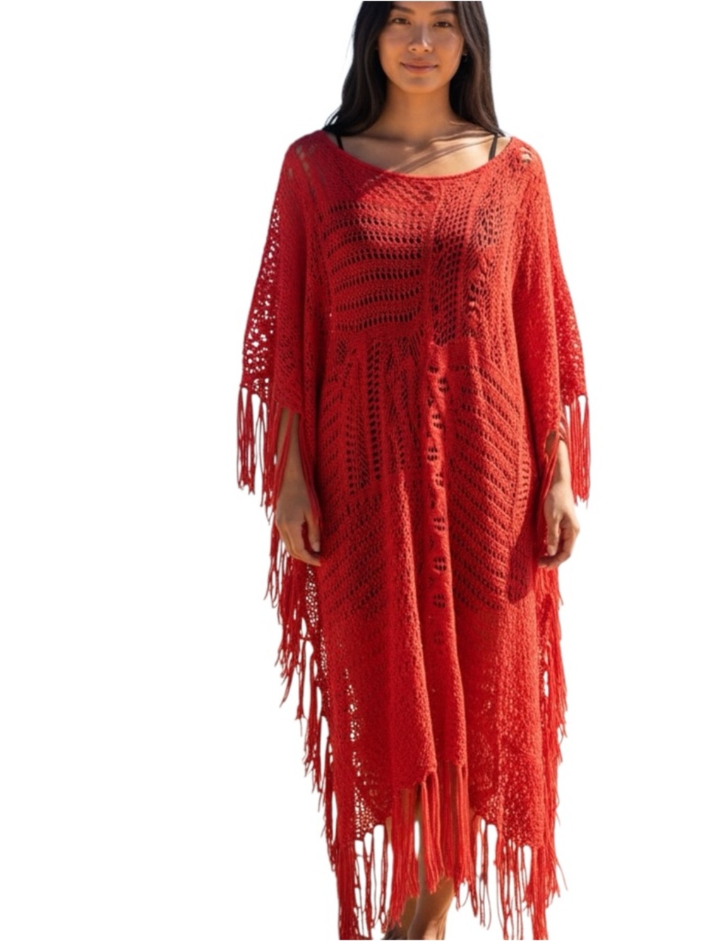 Lauren Ralph Lauren Boho Vibrant Long Fringe Crochet Open knit Poncho. L/XL - Picture 2 of 9